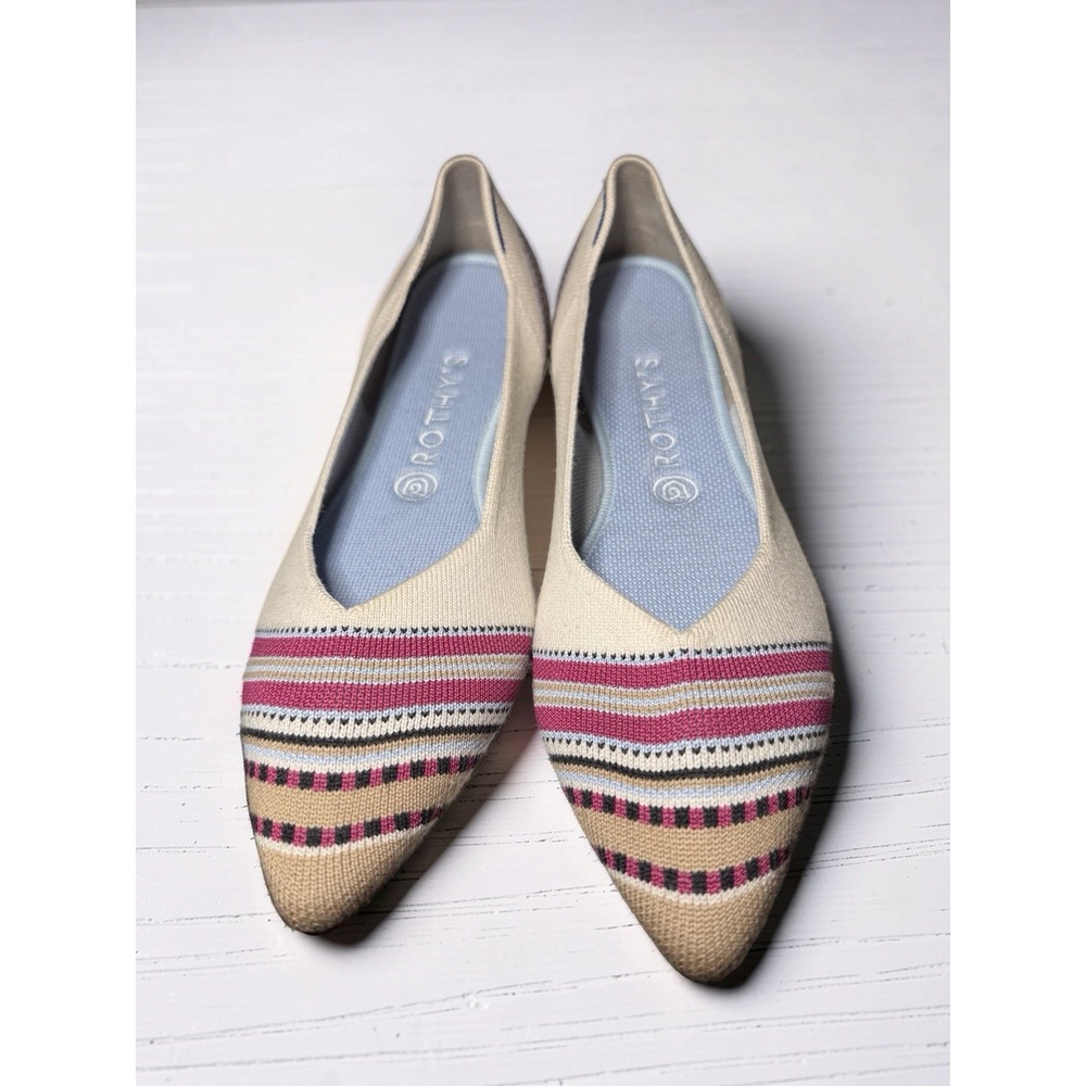 NEW Rothy's The Point Shoes Women's Sz 10.5 Beige Pink Stripe Wool Flats